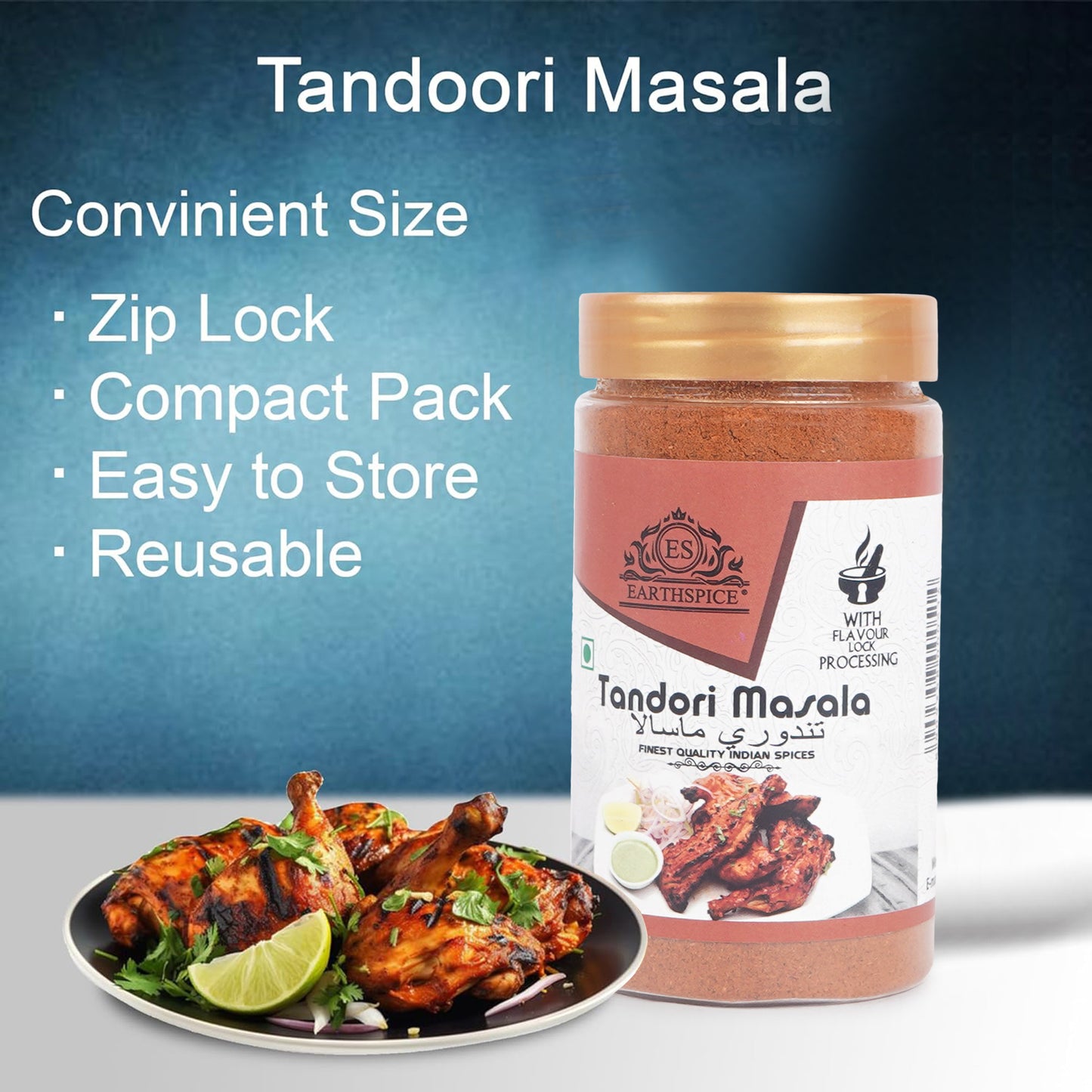 Earthspice Tandoori Masala with chicken dish on a blue background.