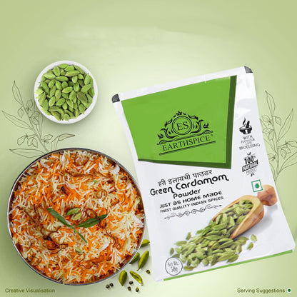 Earthspice green cardamom powder packaging with a dish of rice.