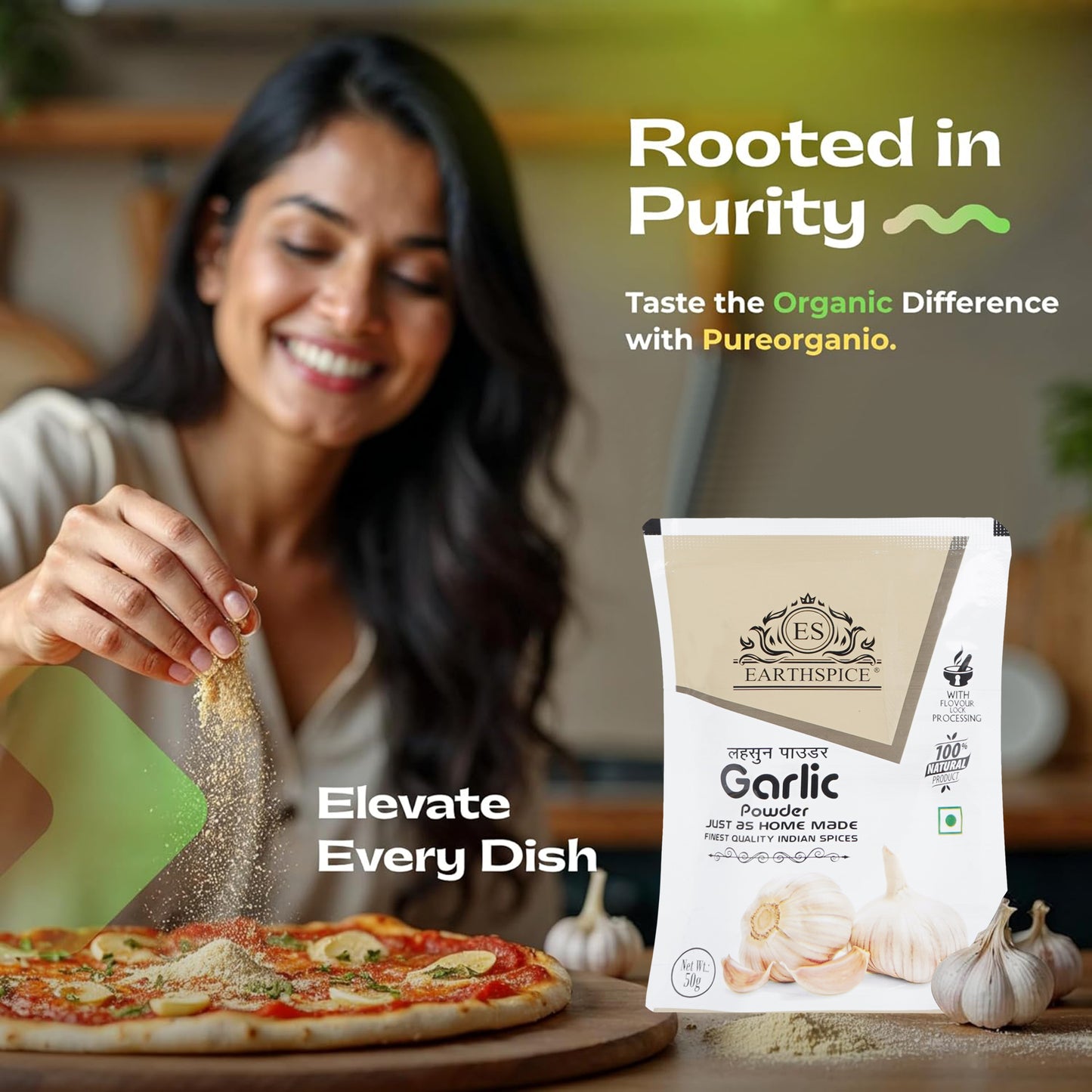 Woman sprinkling Earthspice garlic powder on a pizza