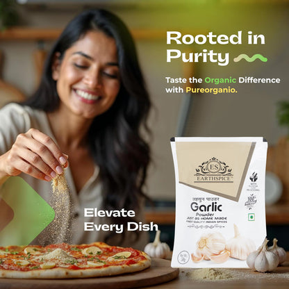 Woman sprinkling Earthspice garlic powder on a pizza