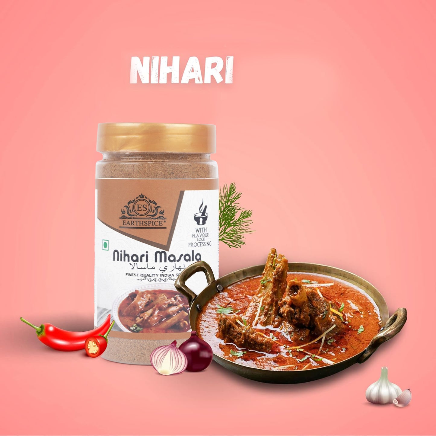 Earthspice Nihari masala with a plate of nihari.