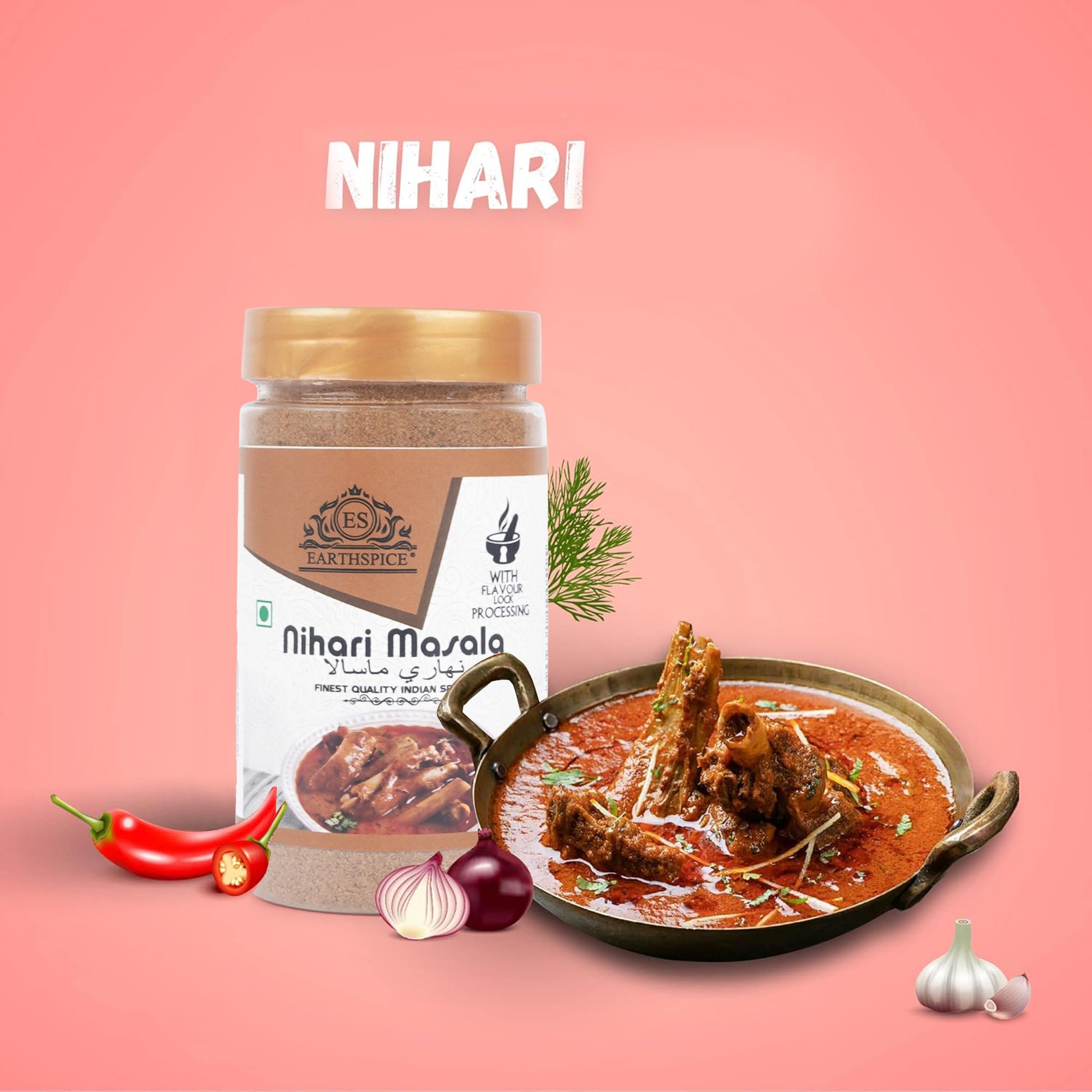 Earthspice Nihari masala with a plate of nihari.