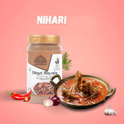 Earthspice Nihari masala with a plate of nihari.