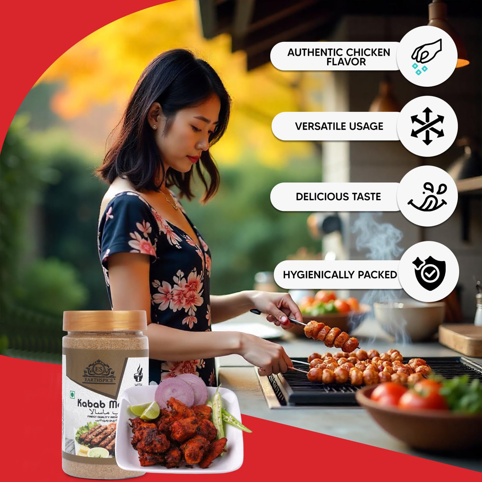 Woman grilling kabobs with Earthspice Kabab Masala.