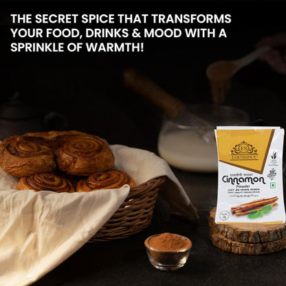 Cinnamon rolls, a small bowl of Earthspice cinnamon powder