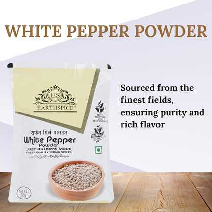 Earthspice white pepper powder packaging with purity and flavor.