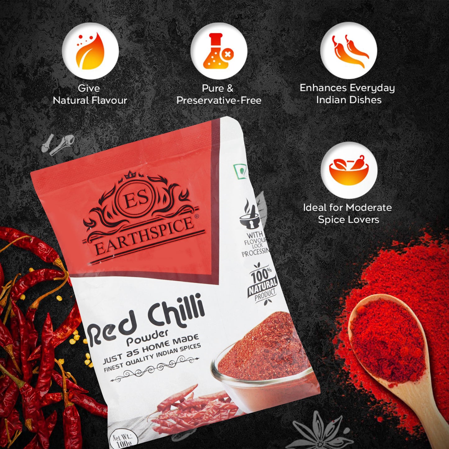 Earthspice Red Chilli Powder packaging with images of spices.