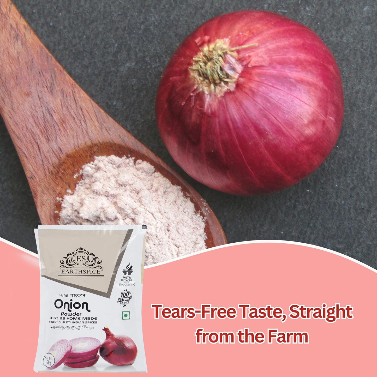 Earthspice onion powder in a wooden spoon, onion powder packaging.