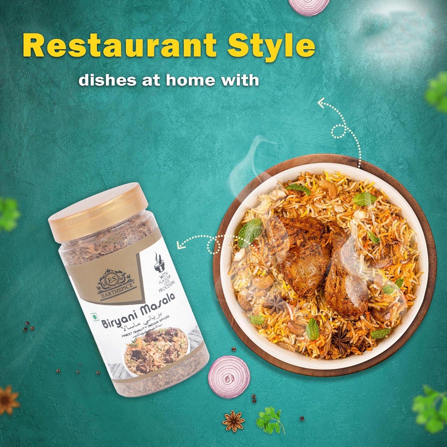 Earthspice Biryani masala jar with a bowl of biryani.