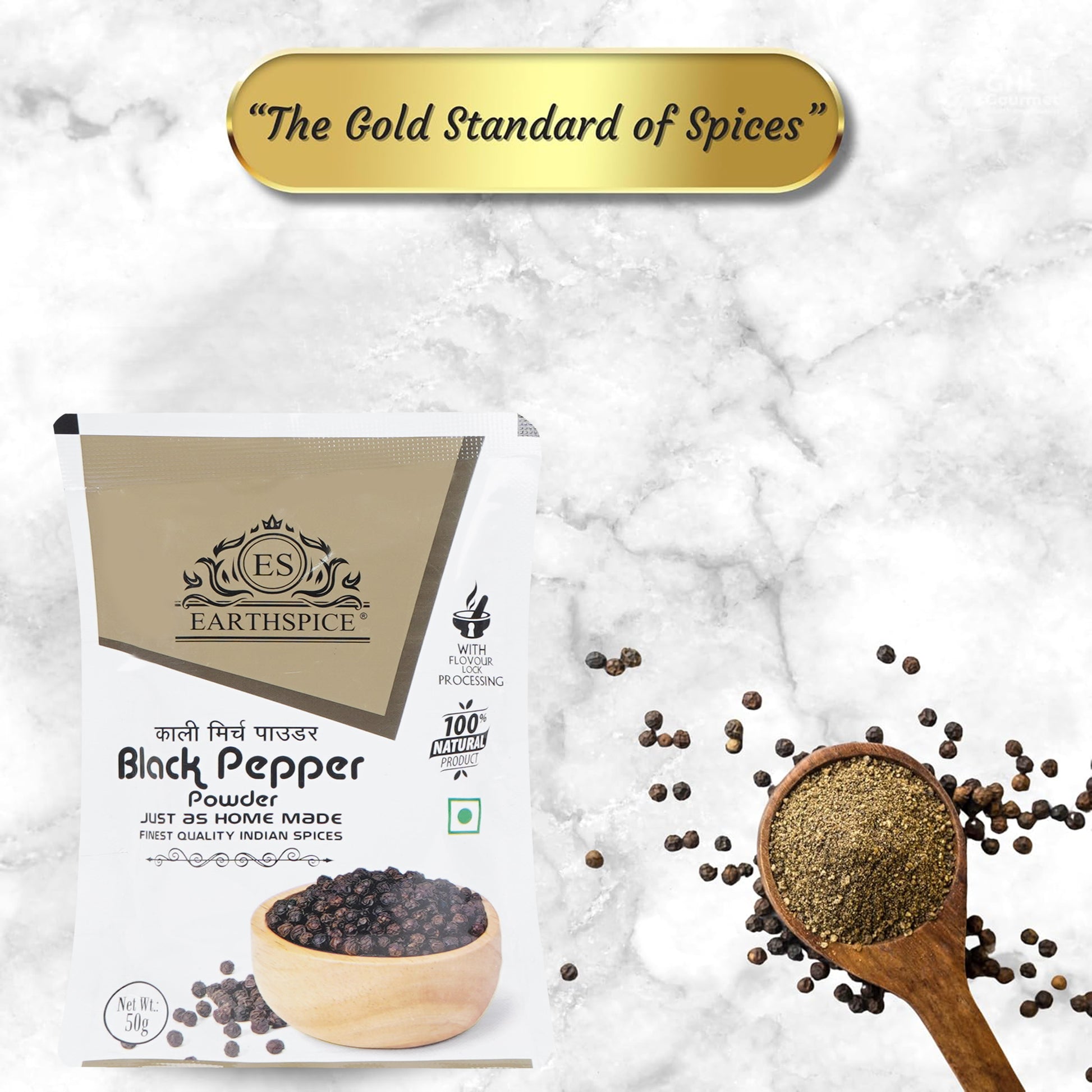 Earthspice black pepper powder packaging with whole peppercorns.