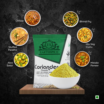 Earthspice coriander powder packaging various Indian dishes