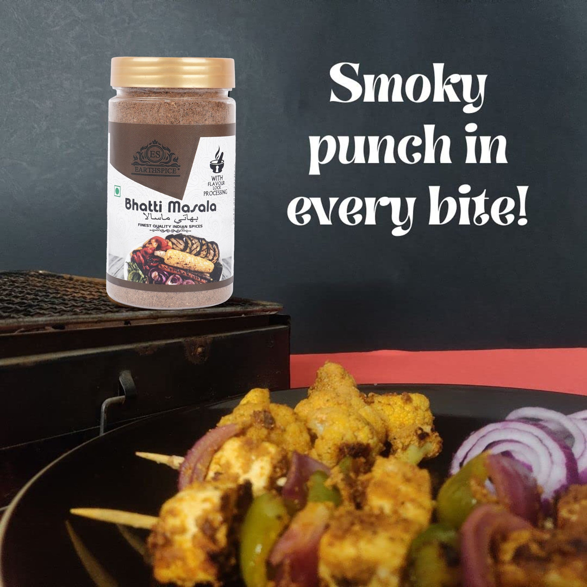 Earthspice Bhatti Masala with skewers and vegetables on a grill.