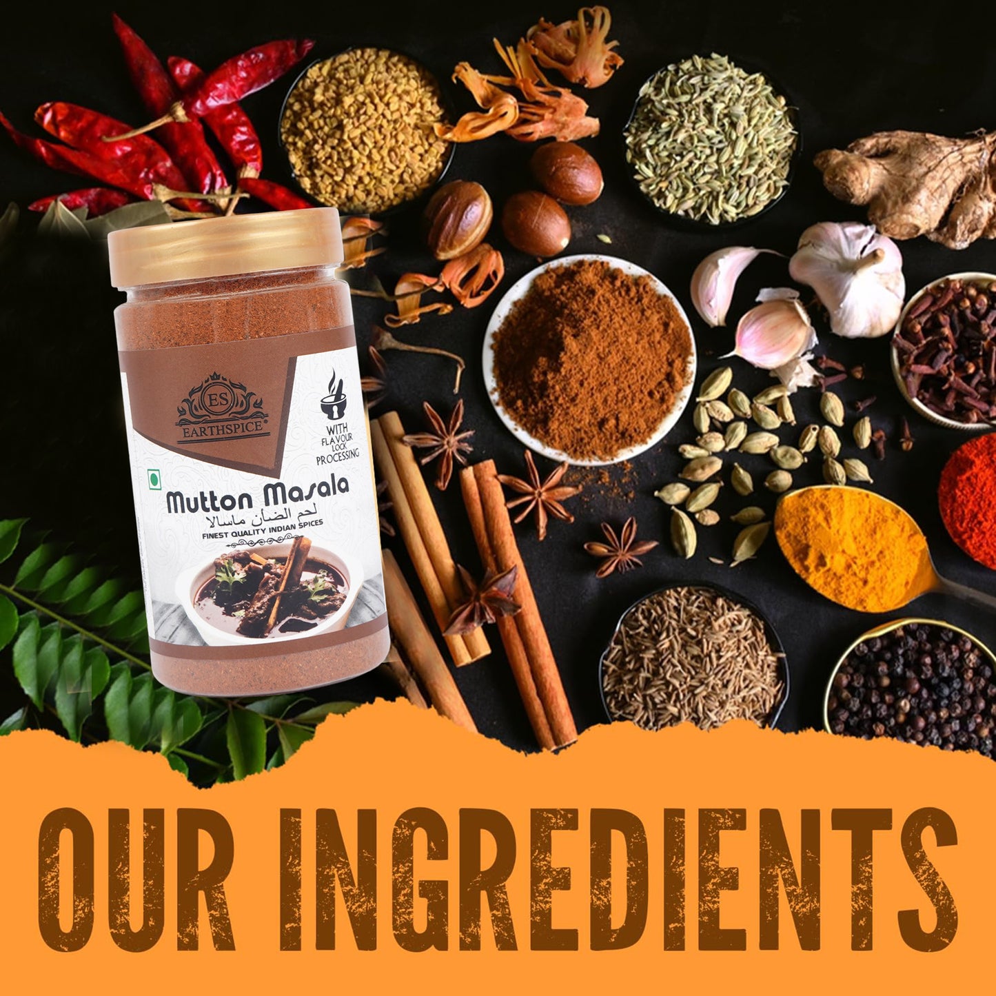 Earthspice Mutton Masala spice mix with ingredients. 