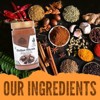 Earthspice Mutton Masala spice mix with ingredients. 