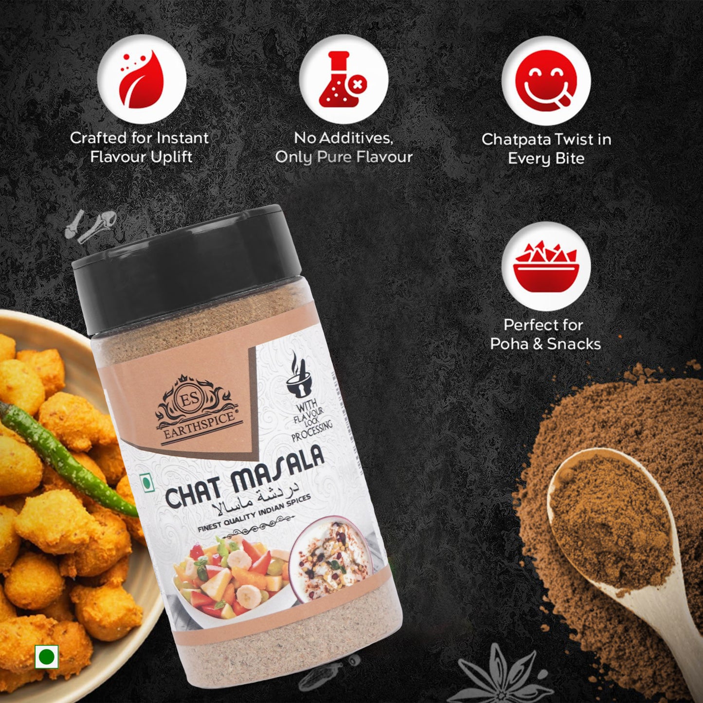 Earthspice Chat Masala with features on a dark background