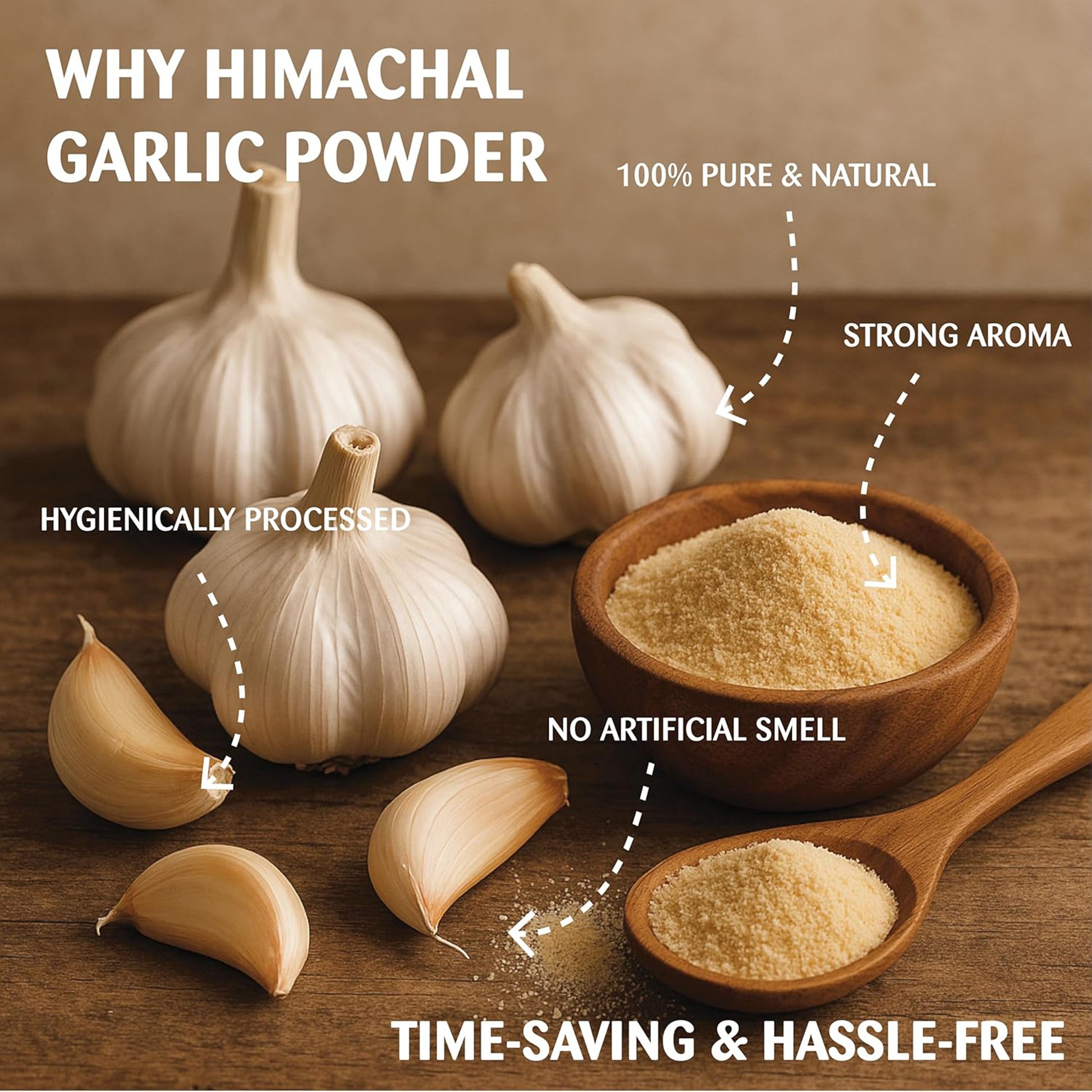Himachal Garlic Powder with garlic bulbs and a bowl on a wooden surface