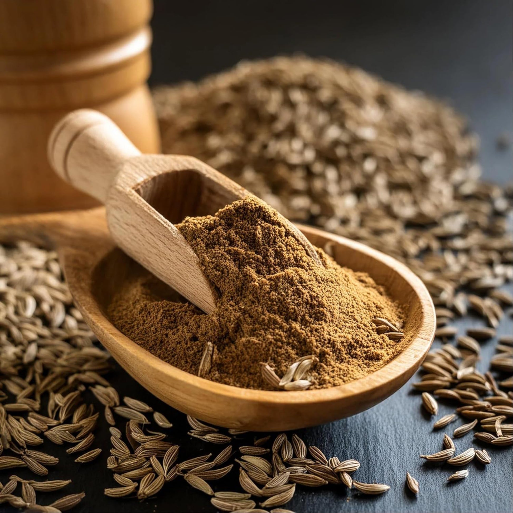 Earthspice cumin powder Wooden scoop filled with ground fennel seeds.