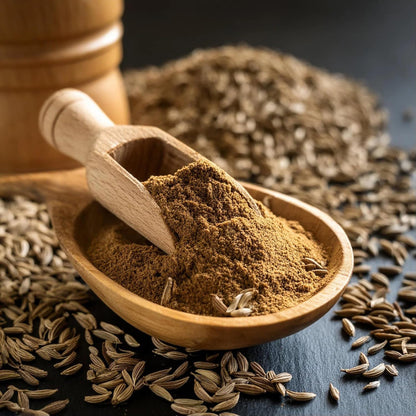 Earthspice cumin powder Wooden scoop filled with ground fennel seeds.