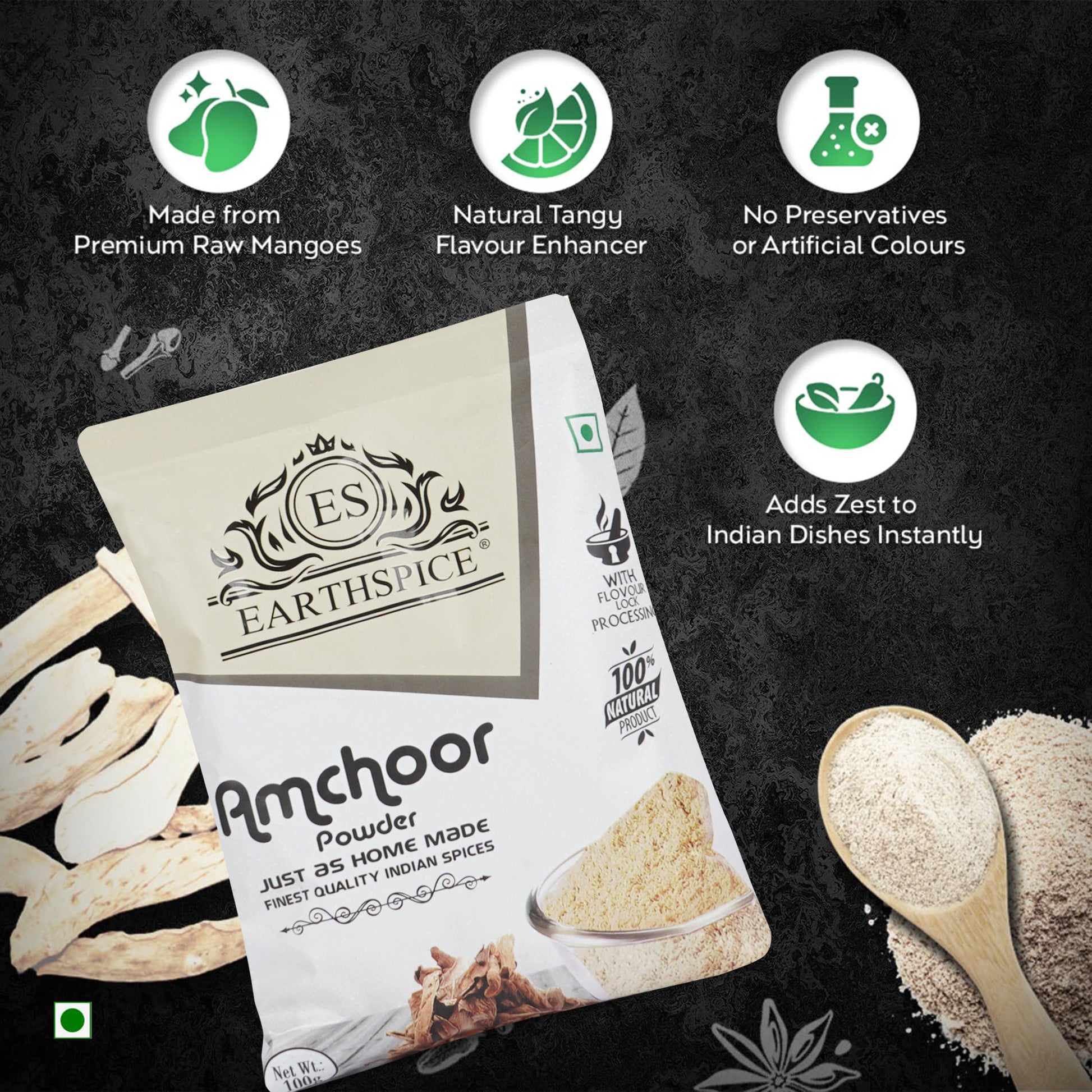 Earthspice Amchoor powder packaging with product details.