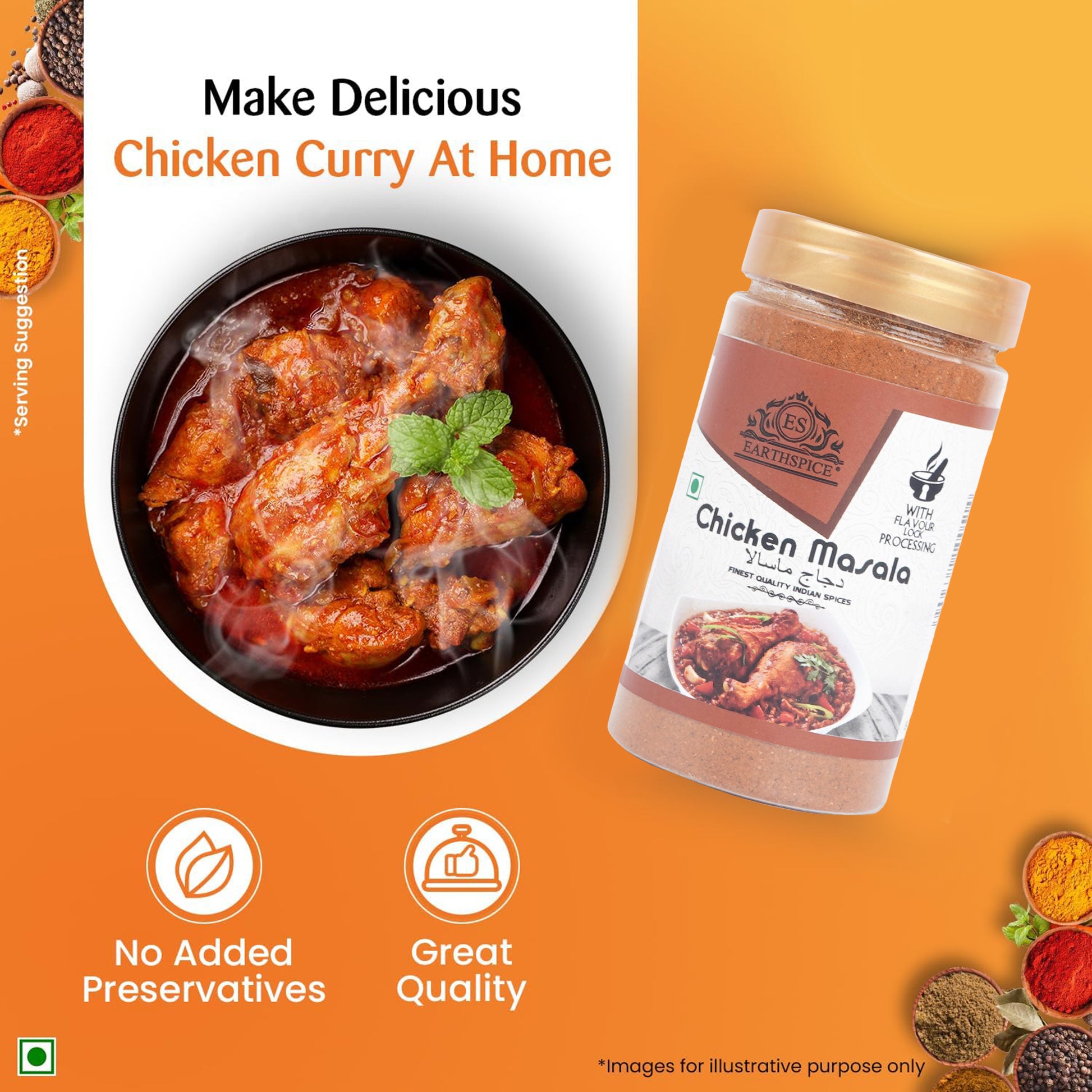 Earthspice Chicken Masala jar with a bowl of chicken curry.