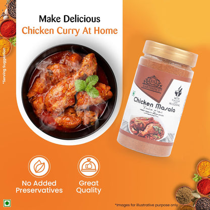 Earthspice Chicken Masala jar with a bowl of chicken curry.
