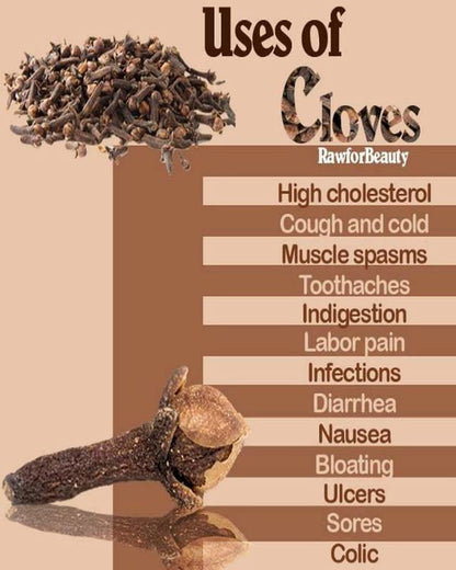 Benefits of Earthspice cloves with a list on a beige background