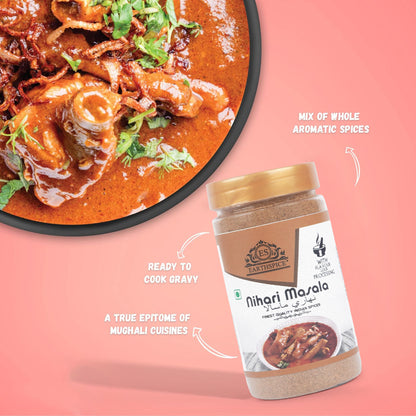 Earthspice Nihari Masala with dish of Nihari on pink background.