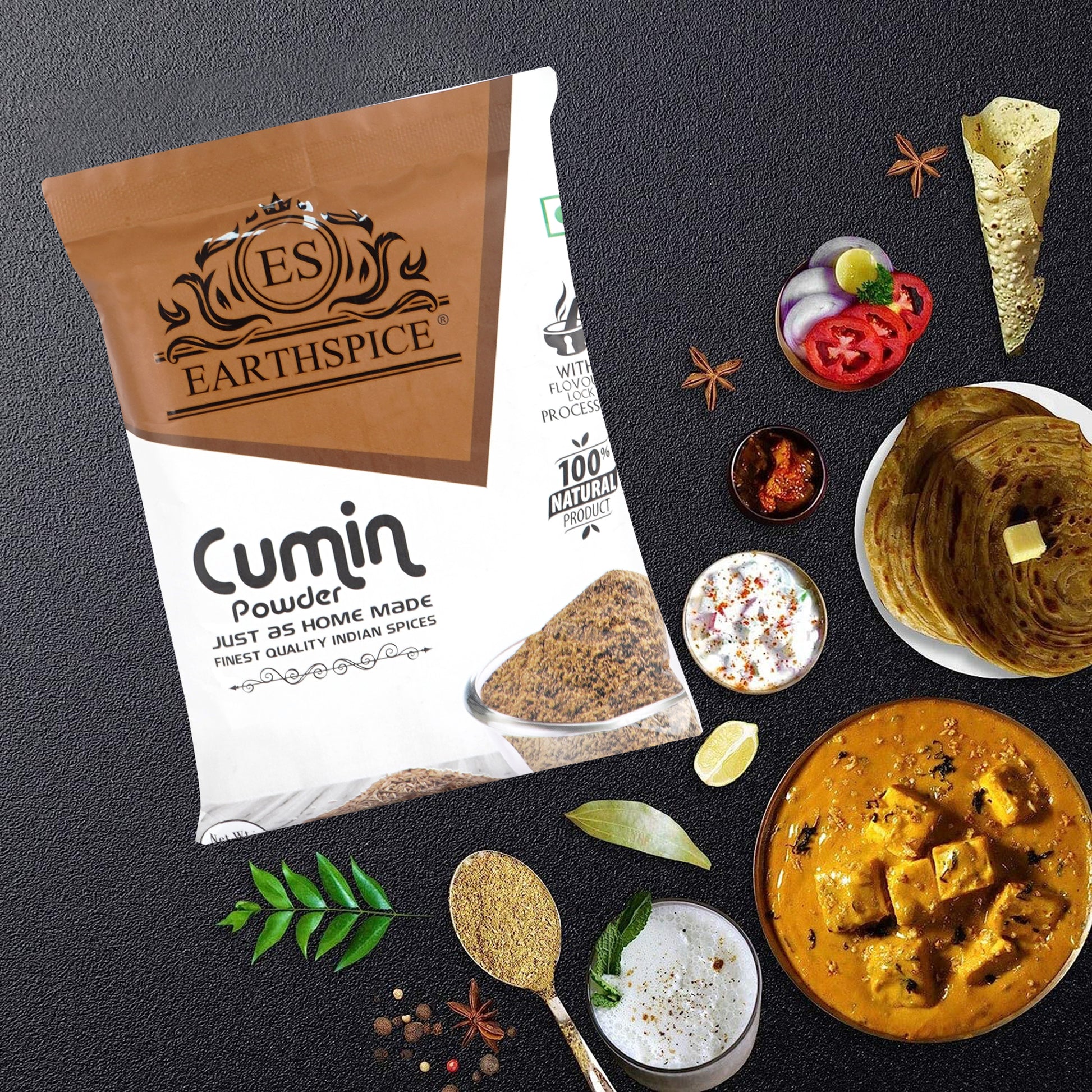 Earthspice cumin powder packaging with ingredients on a dark surface.