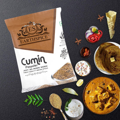 Earthspice cumin powder packaging with ingredients on a dark surface.