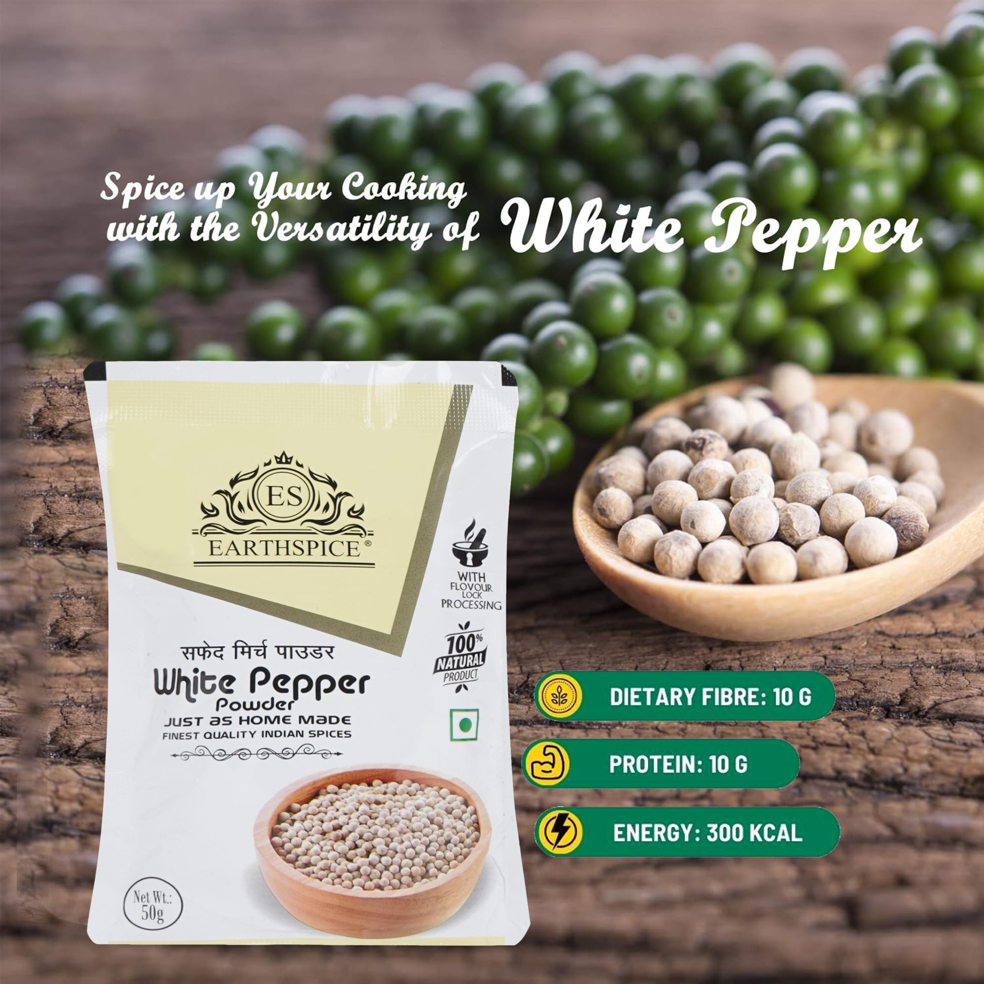 Earthspice white pepper powder packaging with white pepper and green peppercorns.