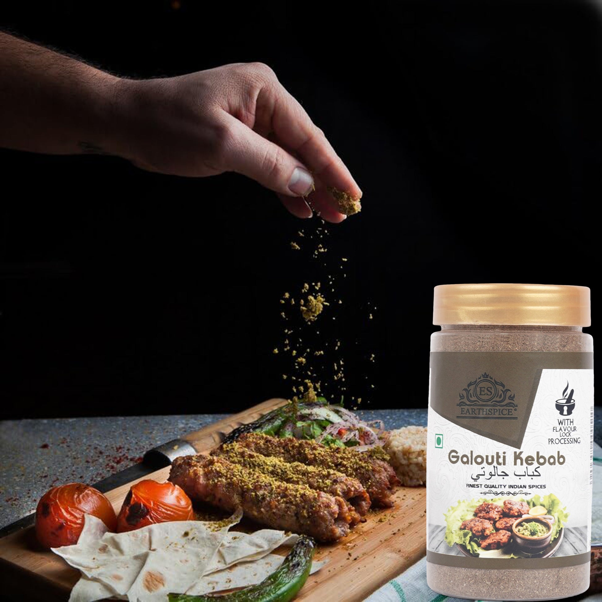 Hand sprinkling spices with Earthspice Galouti Kebab spice