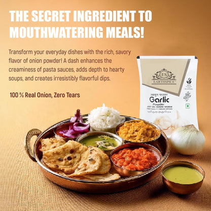 Earthspice Garlic Powder with a plate of food and onion