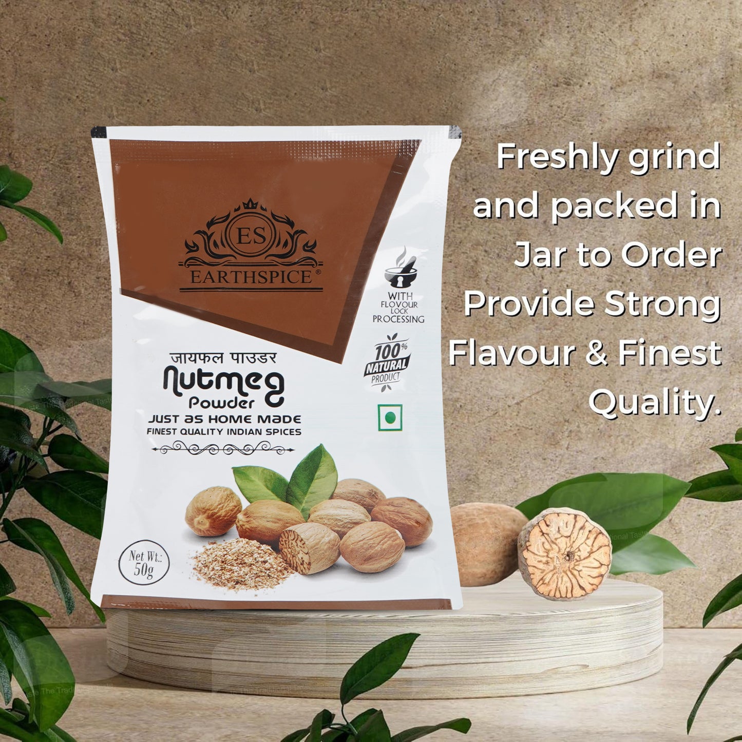 Earthspice nutmeg powder packaging with text about freshness and quality 