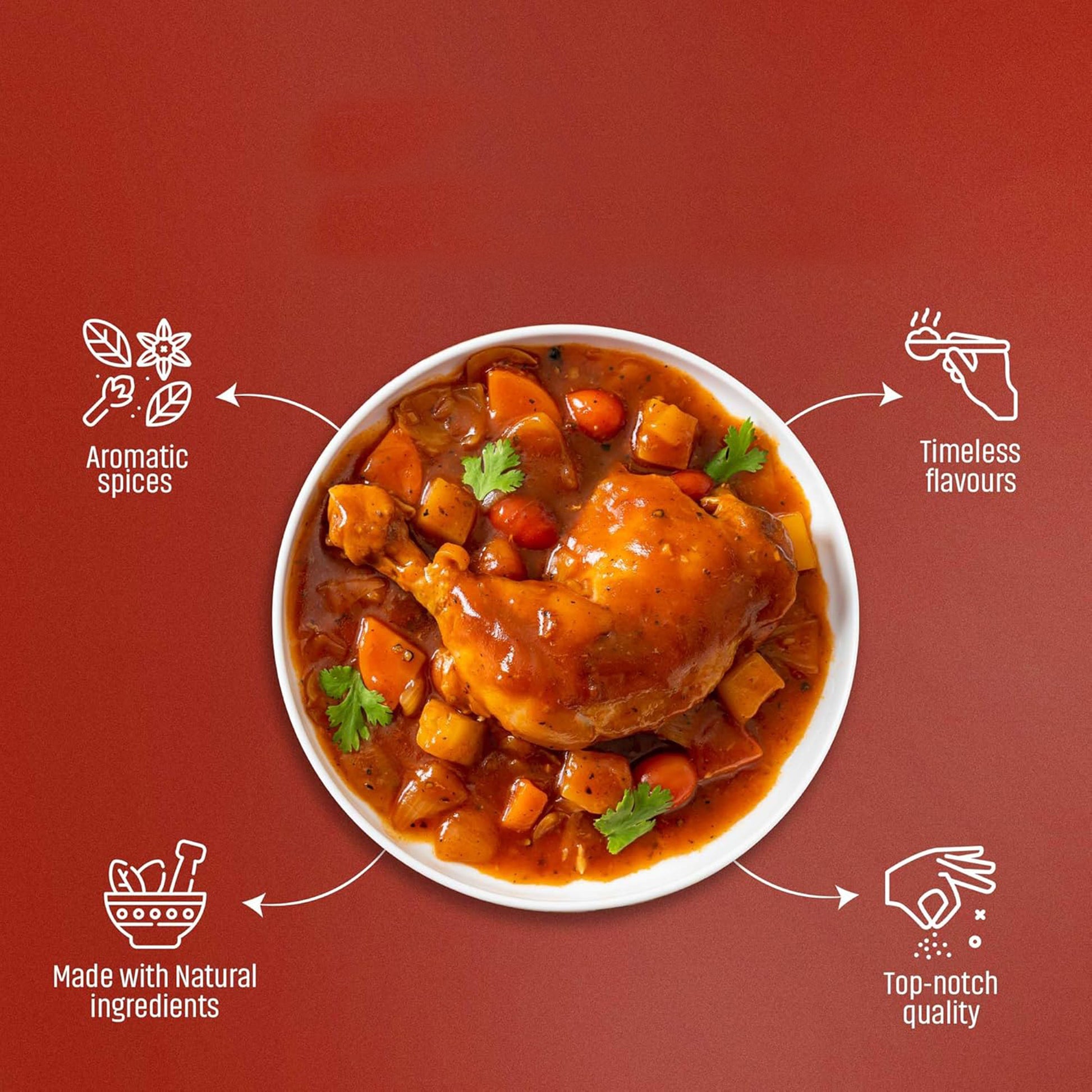 Earthspice Chicken Masala dish with text icons.