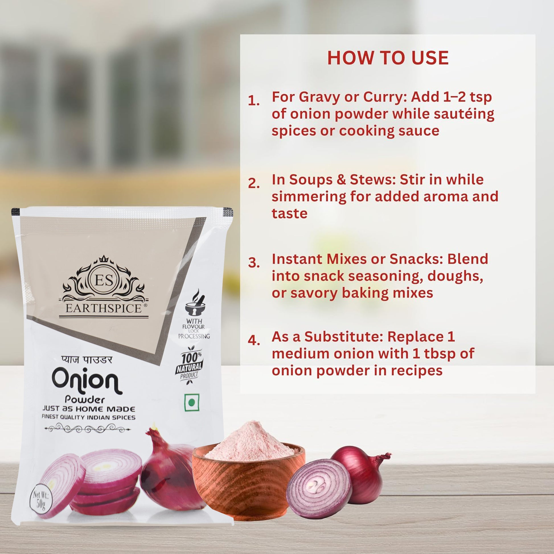 Earthspice Onion Powder packaging with usage instructions.