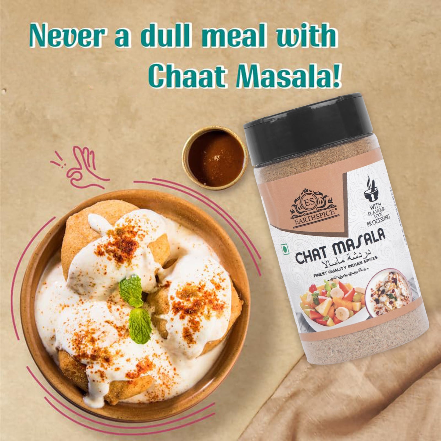 Earthspice chat masala with a bowl of food