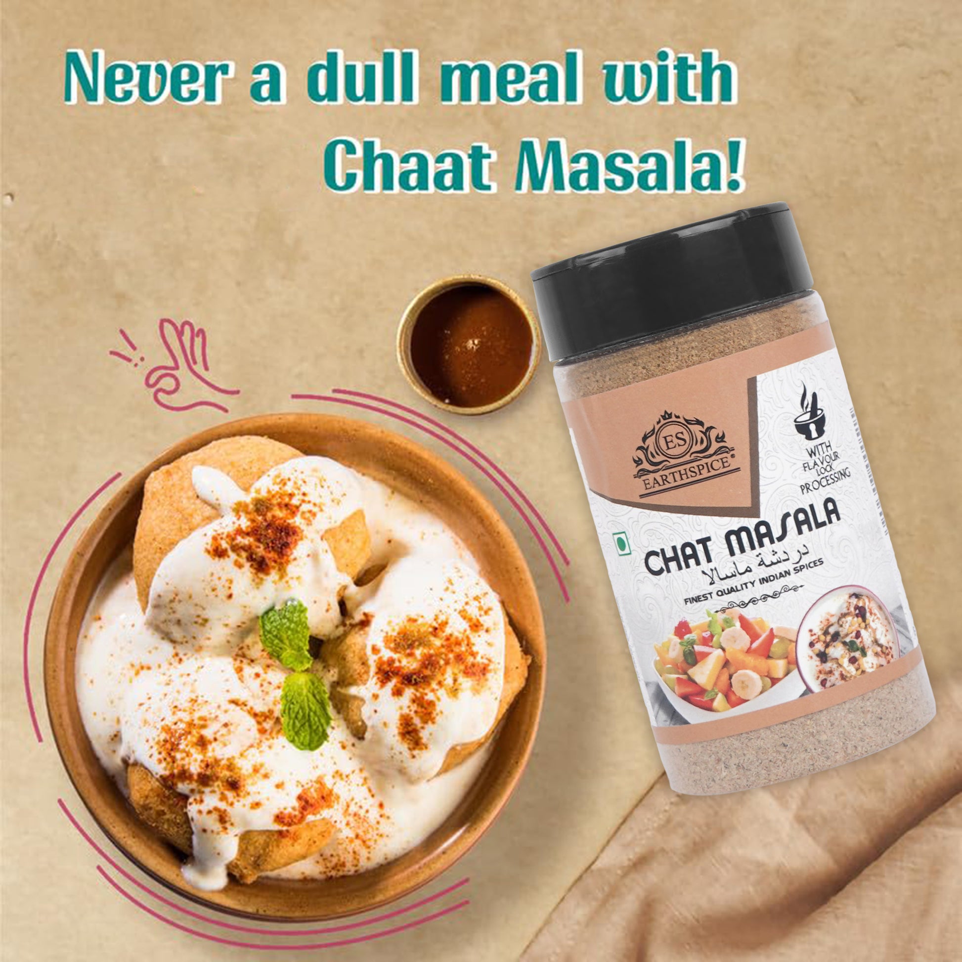 Earthspice chat masala with a bowl of food
