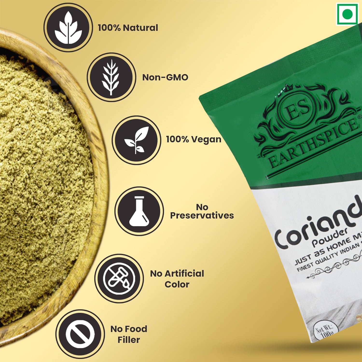 Earthspice coriander powder 100g packaging with product and health benefits