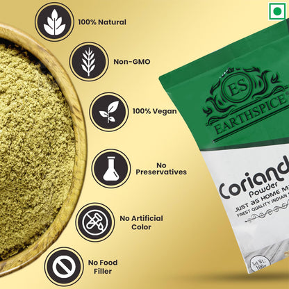 Earthspice coriander powder 100g packaging with product and health benefits