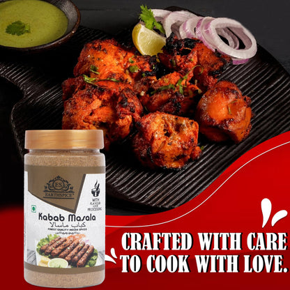Earthspice Kebab Masala spice jar with grilled kebabs and ingredients.