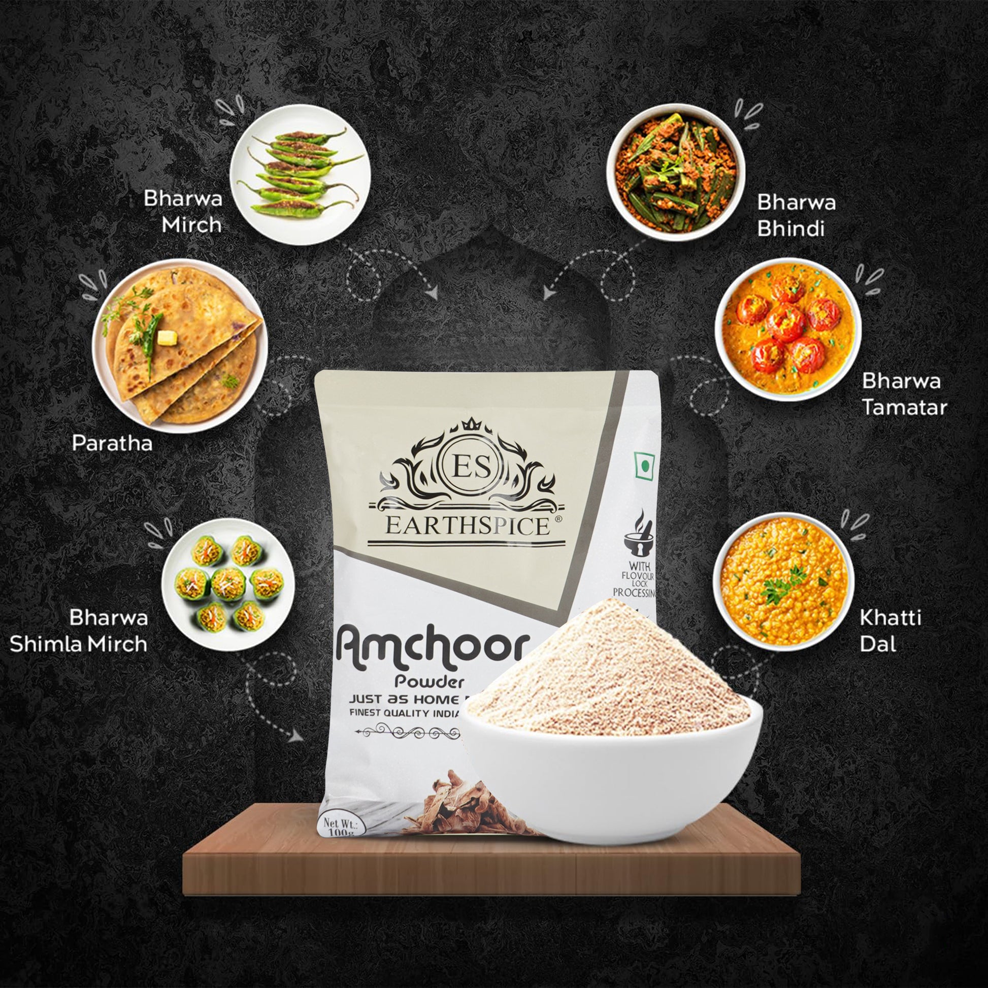 Earthspice Amchoor Powder with dishes, featuring the powder.