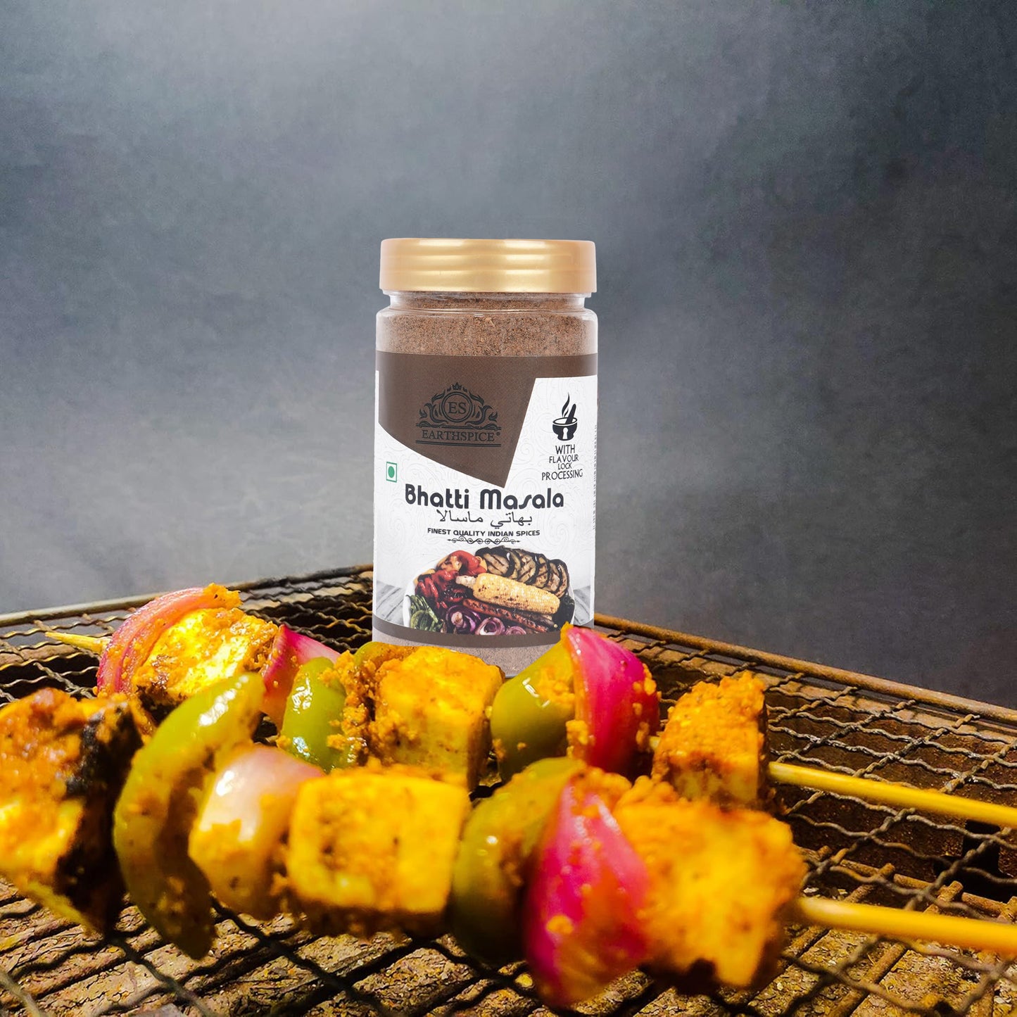 Earthspice Bhatti Masala with skewered vegetables.
