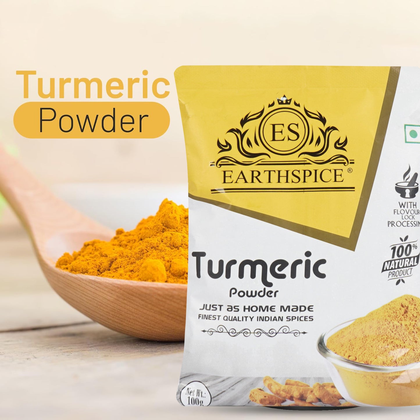 Earthspice Turmeric 100g Powder in a wooden spoon.