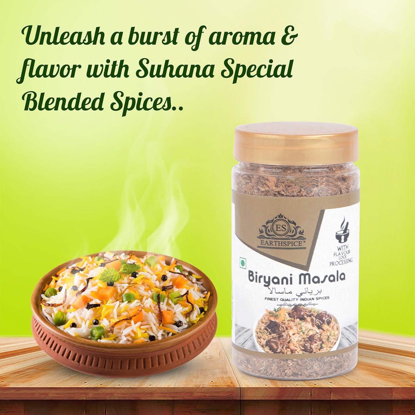 Earthspice Biryani Masala spice jar with a bowl of biryani