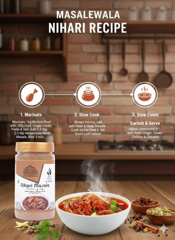 Earthspice Nihari Masala recipe with ingredients and cooking steps.