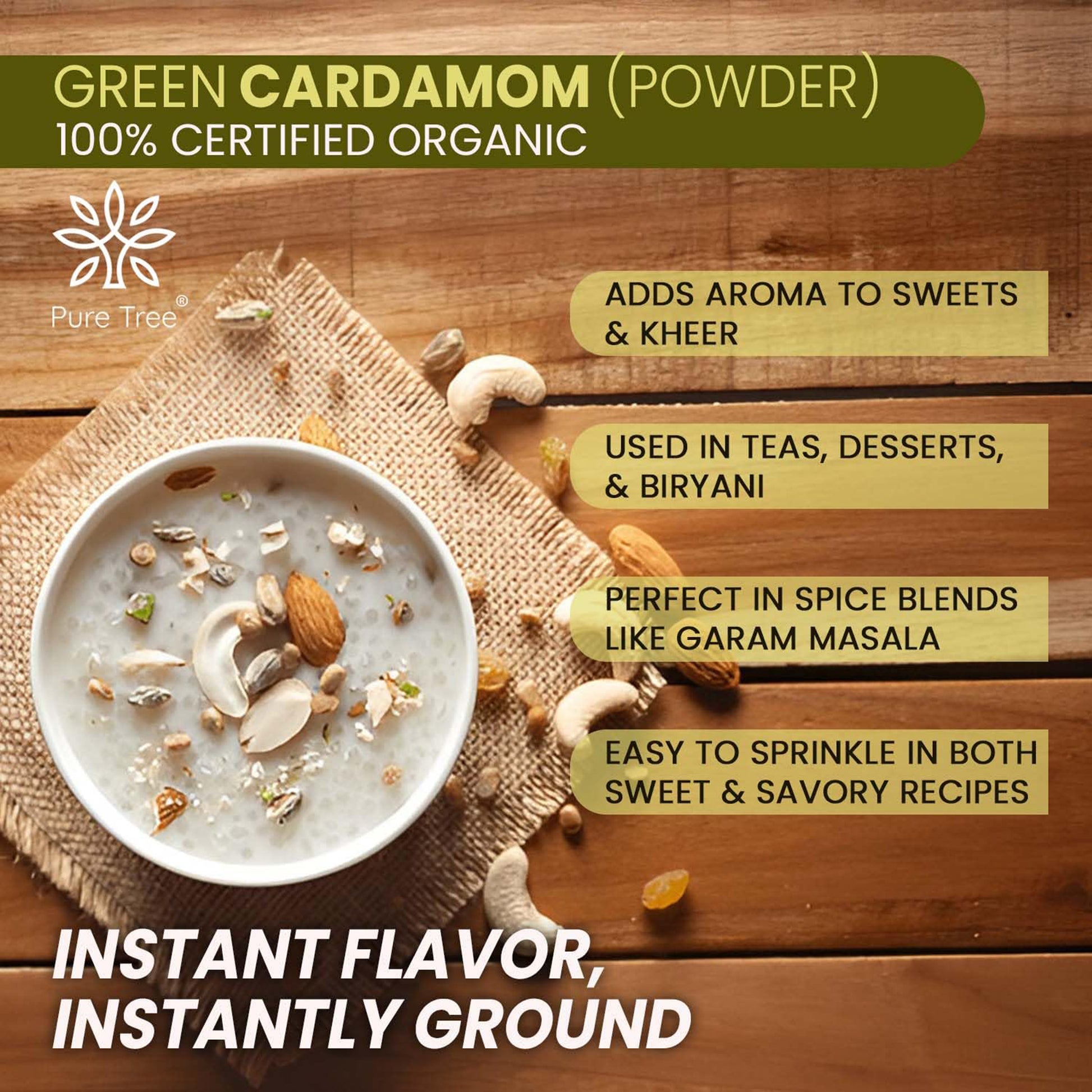 Earthspice green cardamom powder with featuring Pure Tree brand.