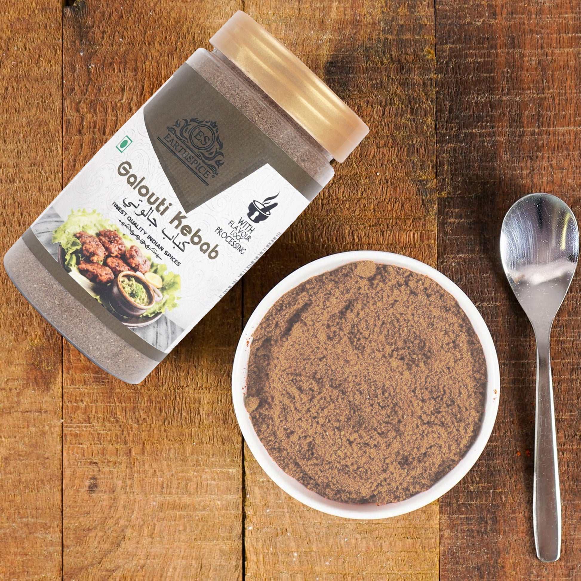 Packaged Earthspice Galouti Kebab mix on a wooden surface