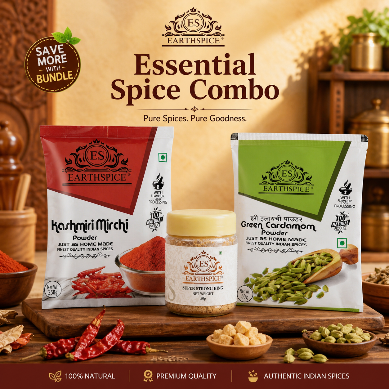 Earthspice Premium Kitchen Combo – Kashmiri Mirch 250g, Hing 50g & Green Cardamom 50g