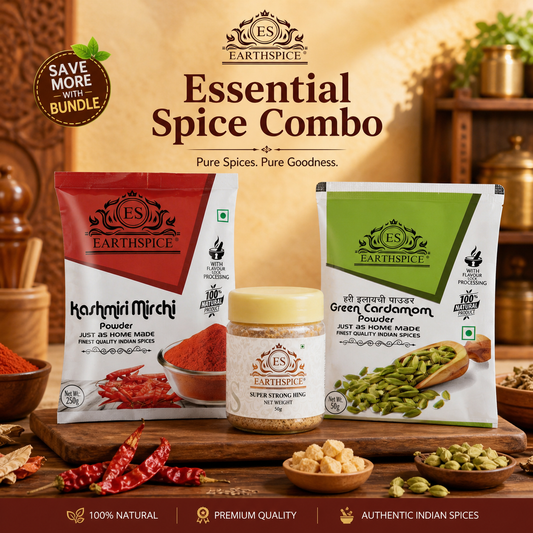Earthspice Premium Kitchen Combo – Kashmiri Mirch 250g, Hing 50g & Green Cardamom 50g