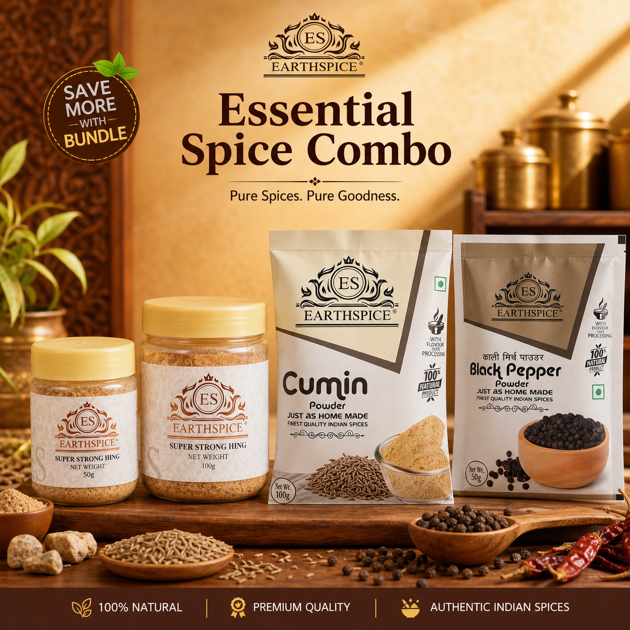 Earthspice Hing Lovers Combo – Hing 50g & 100g, Cumin 100g, Black Pepper 50g